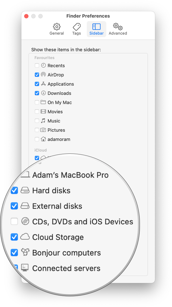 Show iPhone in Finder showing how to click the checkbox for CDs, DVDs, and iOS Devices again to check it
