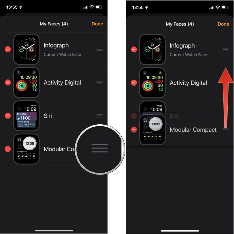 Organize your Apple Watch face via iPhone: Touch and hold the organization icon (three lines) and drag the face clock up or down to a new position