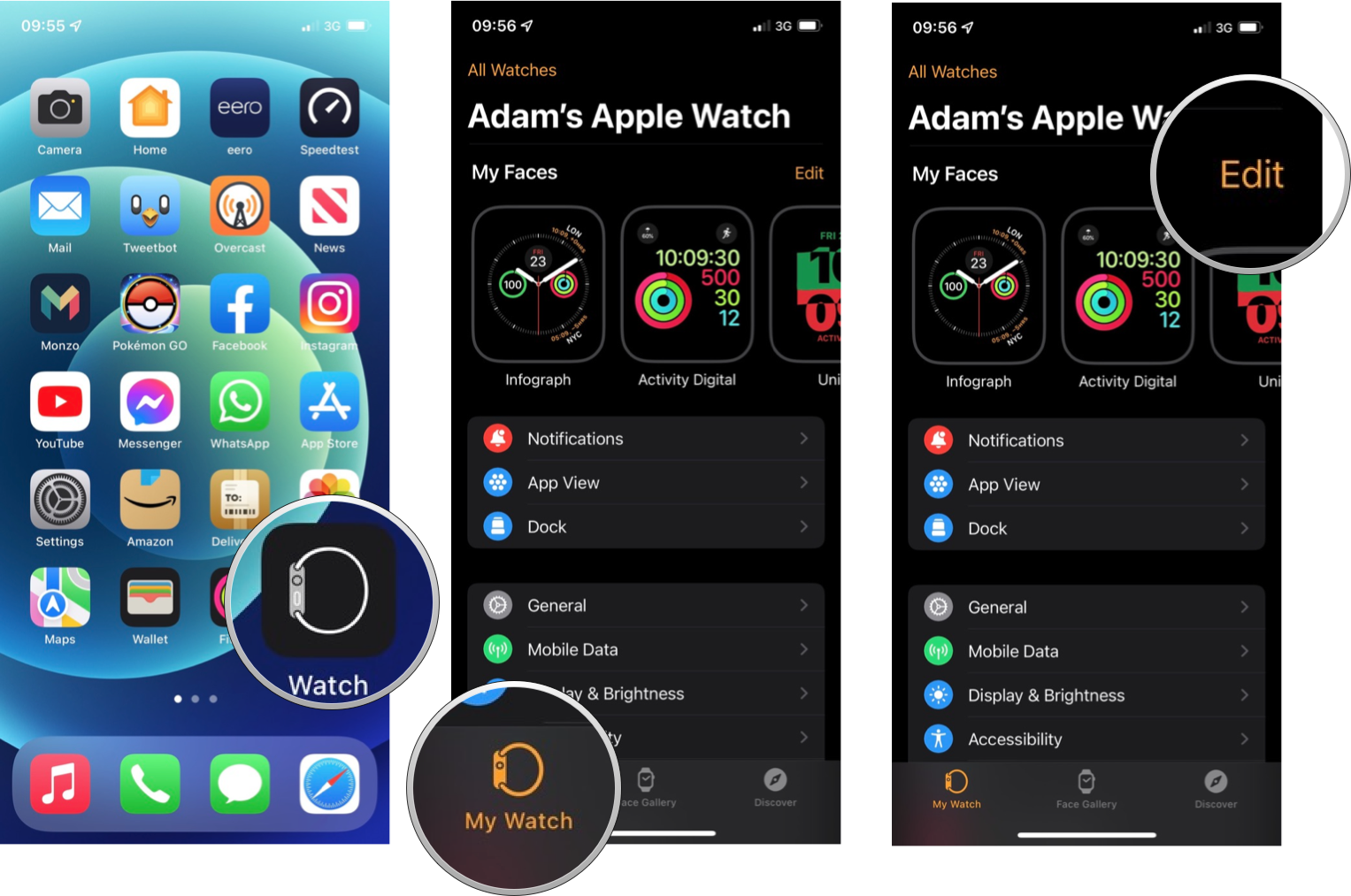 Organize Apple Watch faces via iPhone: Open Apple Watch app, tap on My Watch, tap on Edit