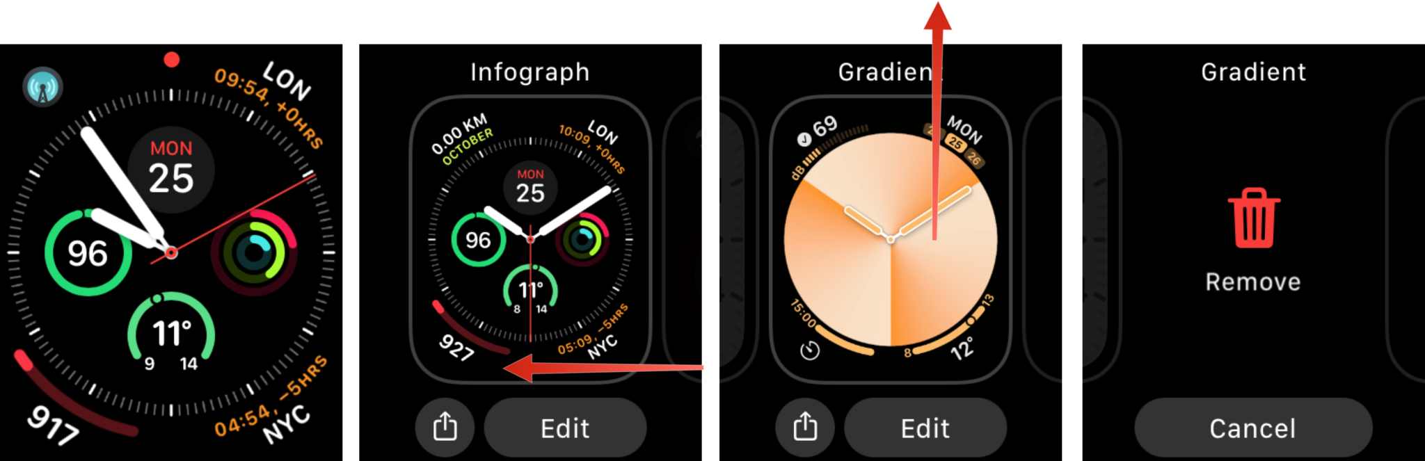 Remove a watch face via Apple Watch: Long press on your watch face, swipe left or right to find the watch face to remove, swipe up on the watch face to remove, tap Remove
