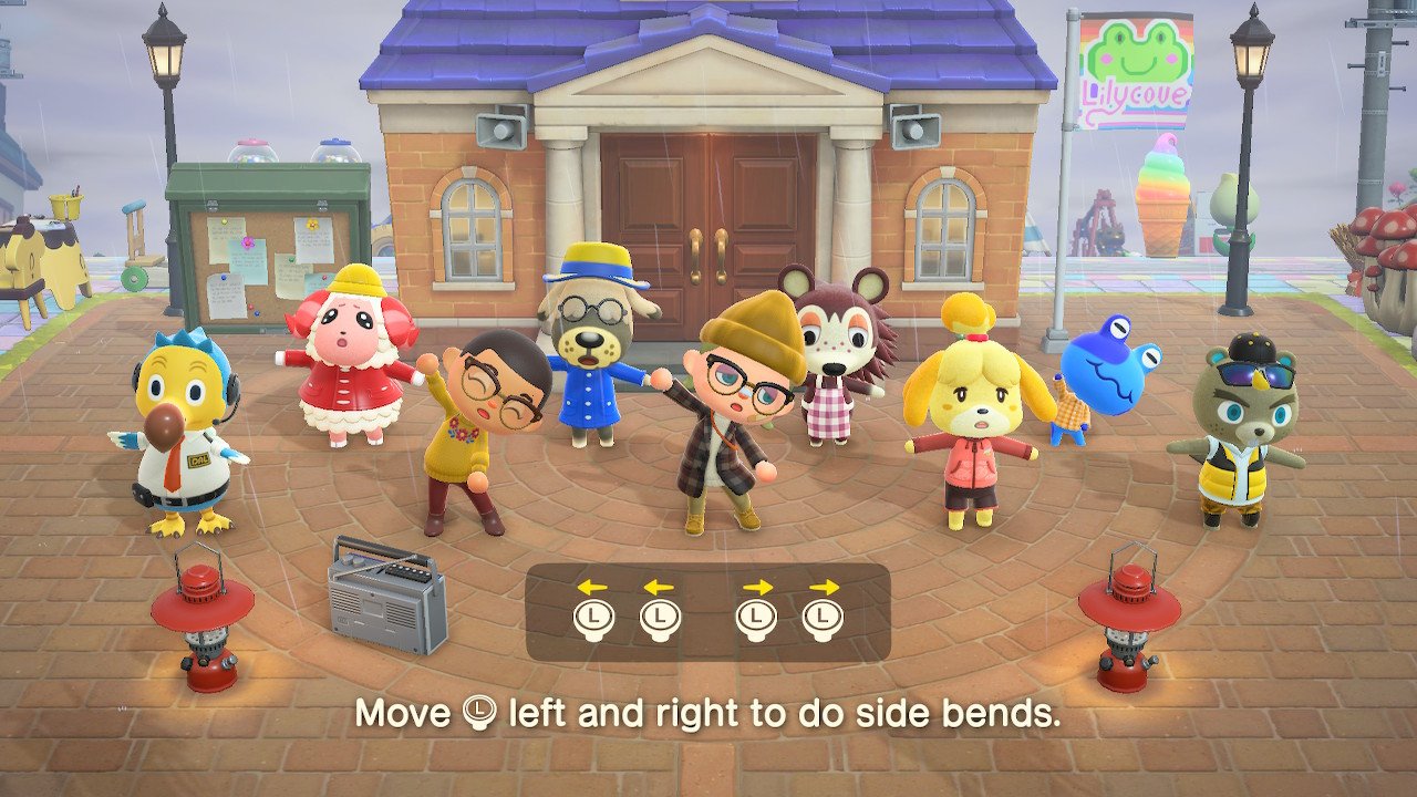 Animal Crossing New Horizons Group Stretching With Friends