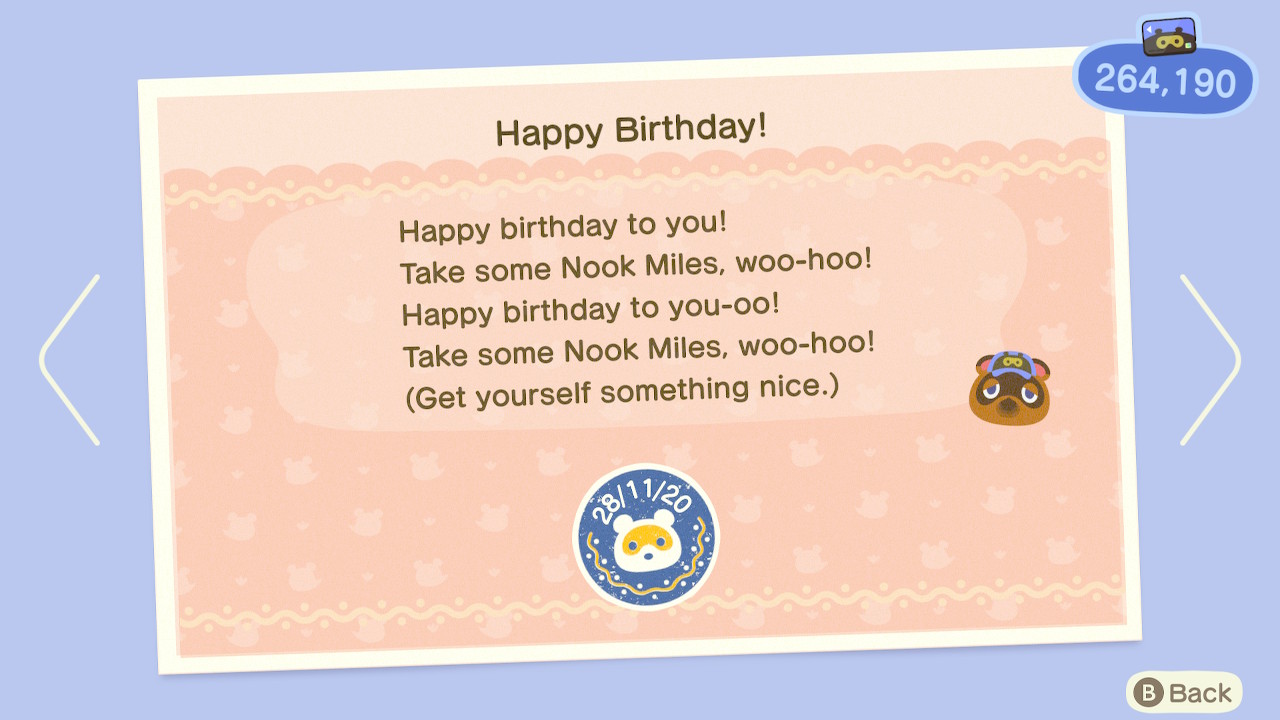 Animal Crossing New Horizons Nook Miles Happy Birthday