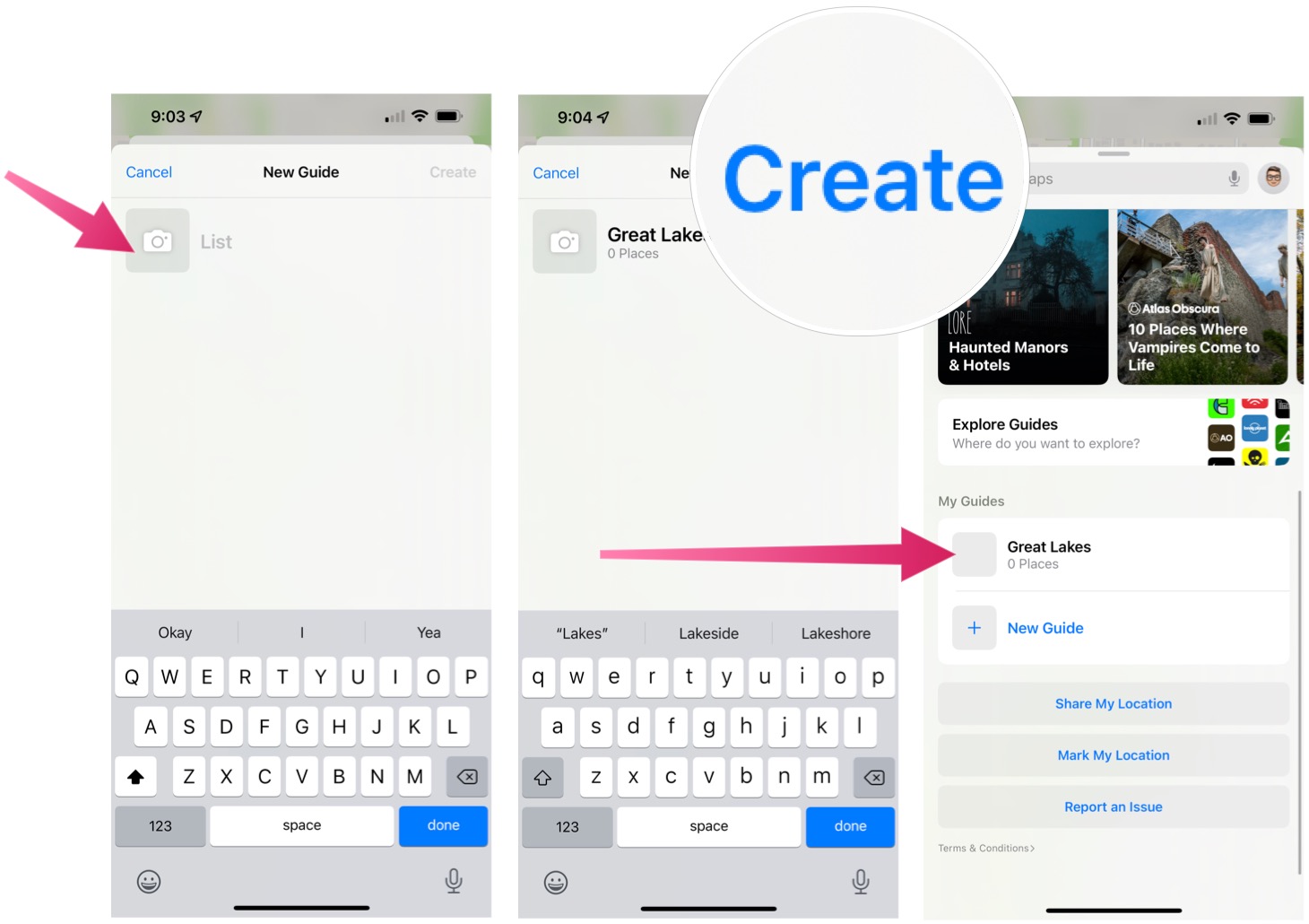To create guides in the Maps app, type a name for your new guide. Tap Create
