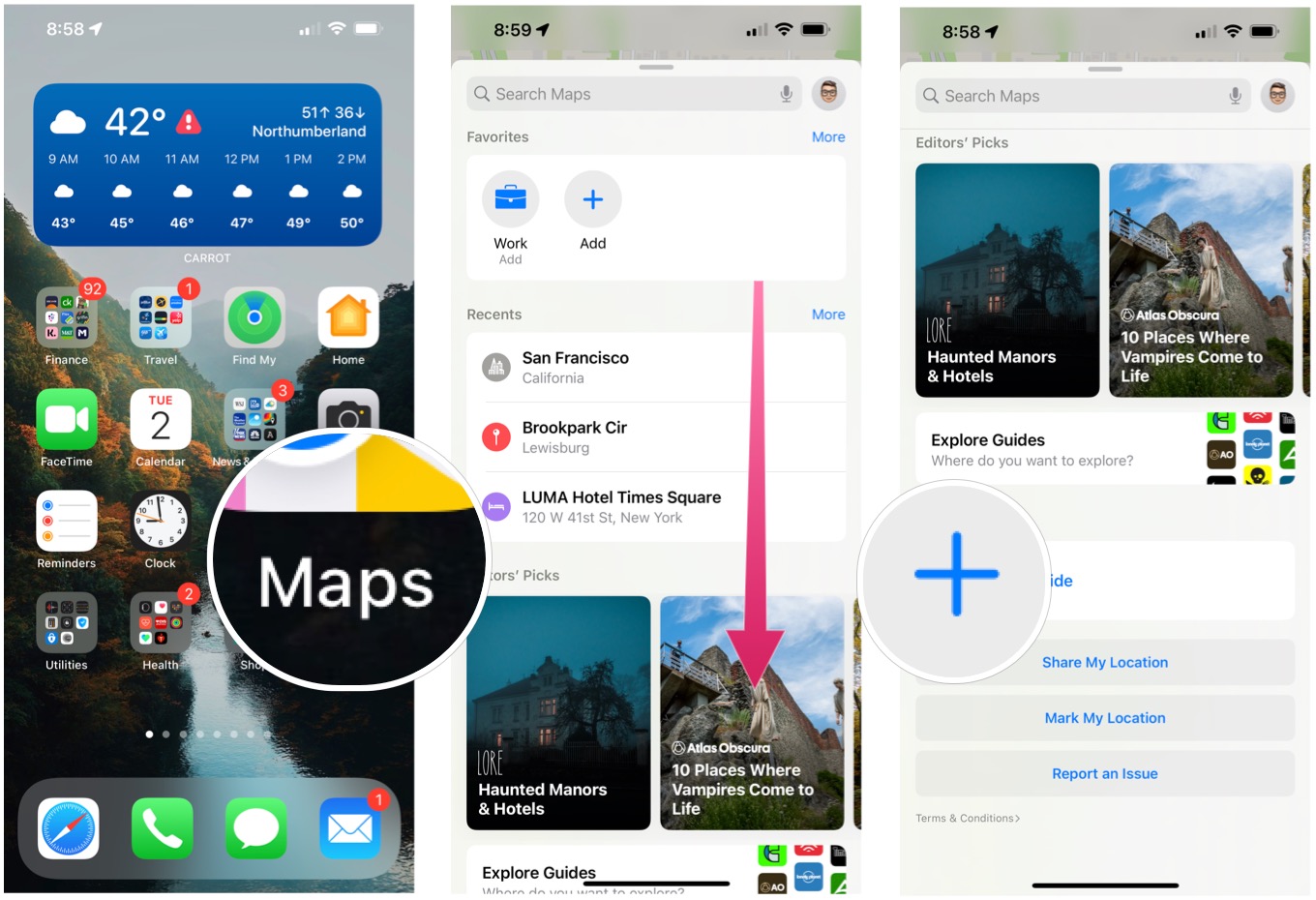 To create guides in the Maps app, tap on the Maps app then scroll down and choose the + on the left of New Guide under the My Guides section.
