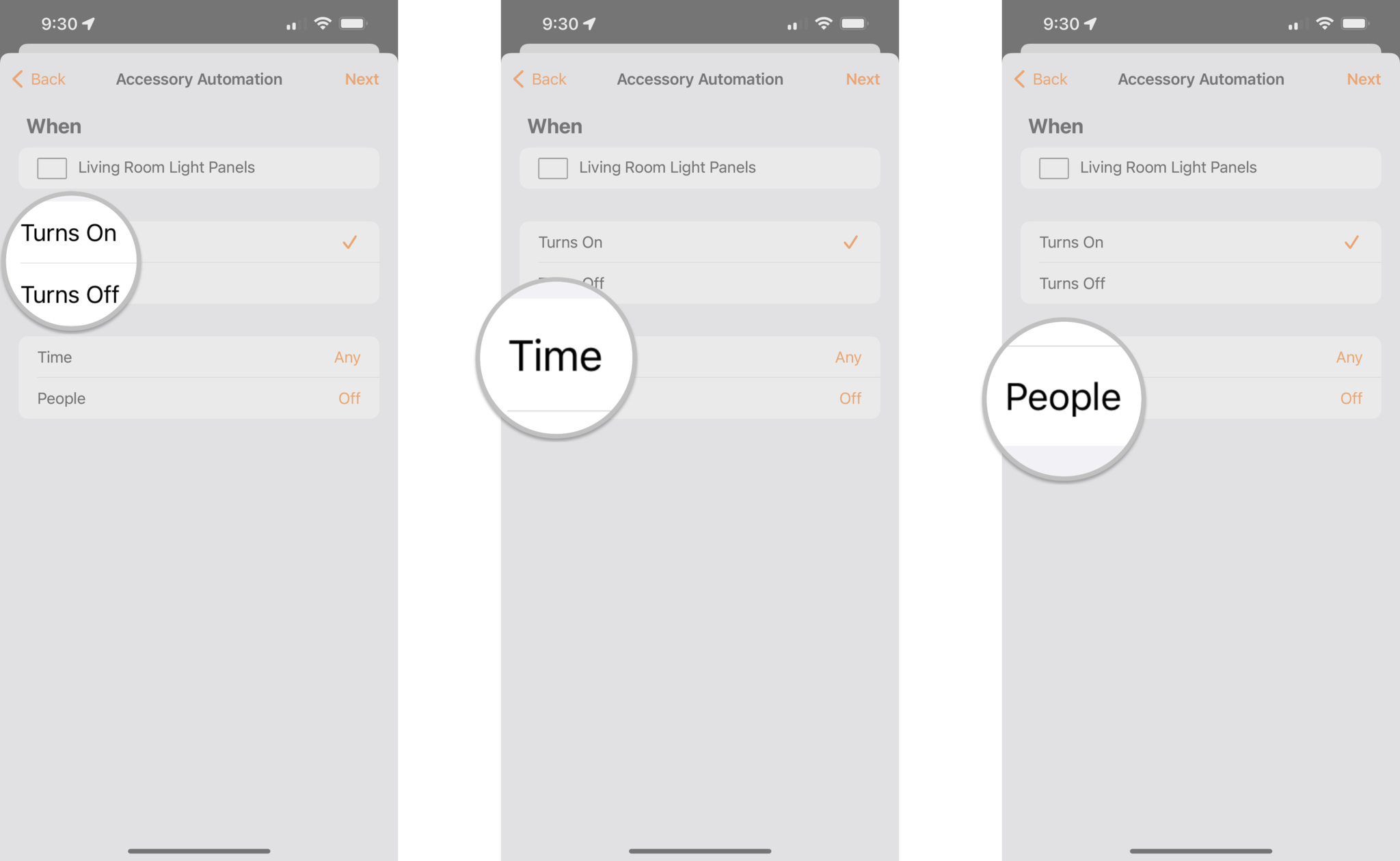 How to create an accessory automation in the Home app on the iPhone by showing steps: Choose an accessory state with a tap, Tap Time, Tap People