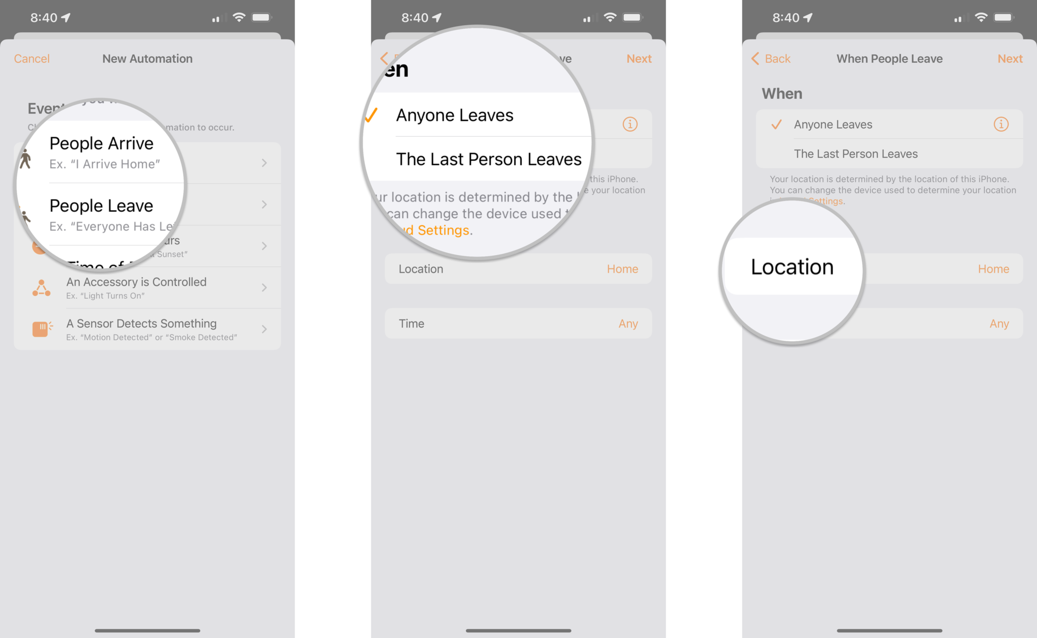 How to create a location automation in the Home app on the iPhone by showing steps: Tap either People Arrive or People Leave, Select When the automation will occur with a tap, Tap Location to set a desired location