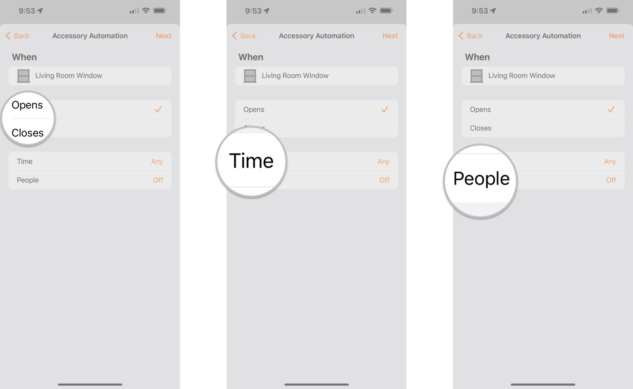 How to create an accessory automation in the Home app on the iPhone by showing steps: Tap on a desired accessory state, Tap Time, Tap People