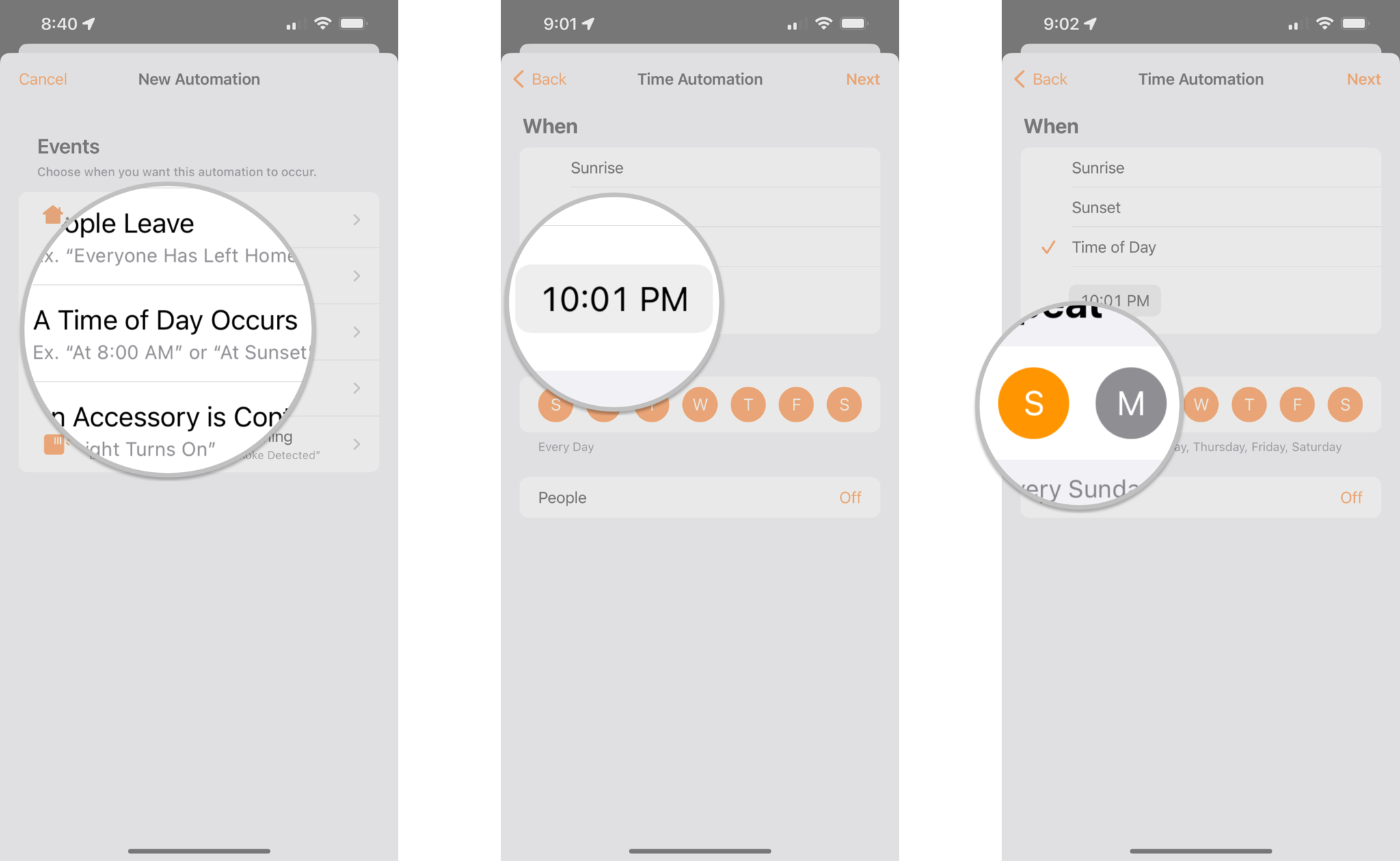 How to create a time automation in the Home app on the iPhone by showing steps: Tap A Time of Day Occurs, Tap a preset time or dial in a specific time, Select specific days with a tap