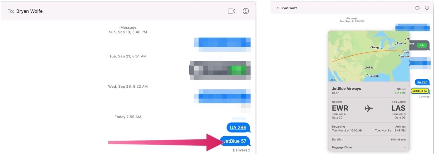 To track your flights on a Mac, open Messages and bring up the message with the flight information. Tap on the Airline Air (or Abbreviation) and Flight Number to bring up the flight information.