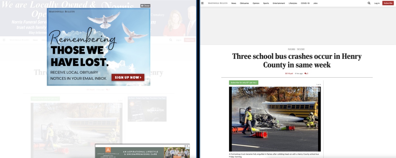 A typical Safari for Mac page before (left) and after (right) turning on Magic Lasso Adblock.