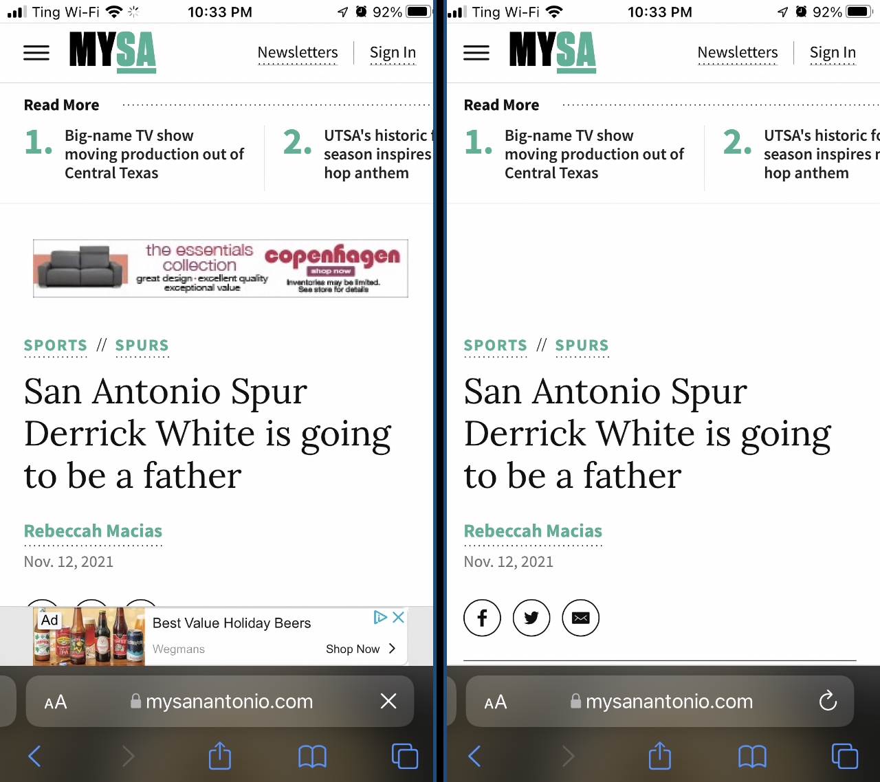 A typical iOS page before (left) and after (right) turning on Magic Lasso Adblock