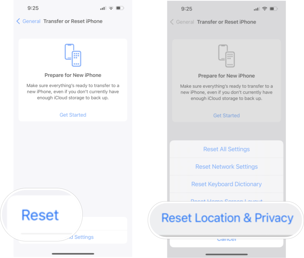 Réinitialisation de la confidentialité de l'emplacement dans iOS 15 : appuyez sur réinitialiser et appuyez sur réinitialiser l'emplacement et la confidentialité