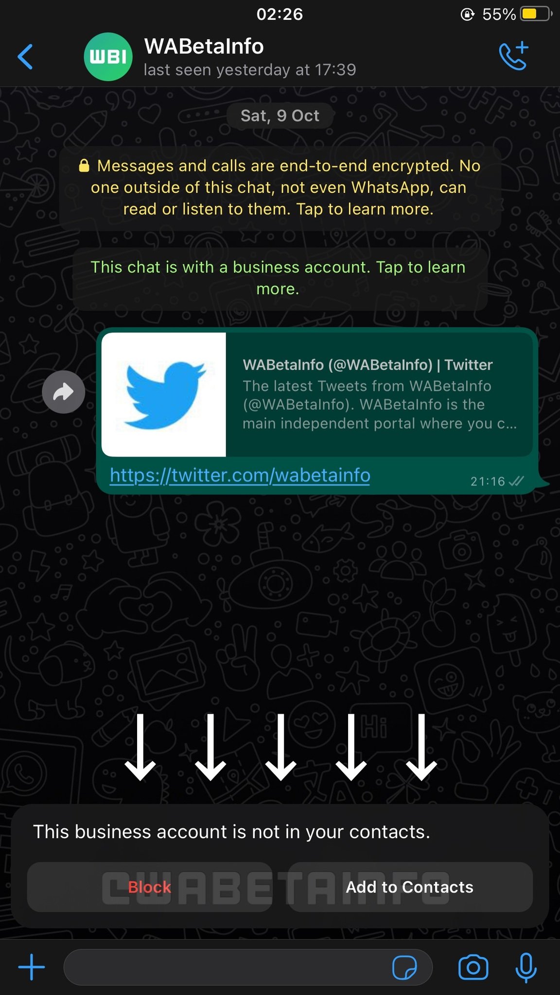 Wabetainfo Whatsapp Bilinmeyen İşletme Ekran Görüntüsü