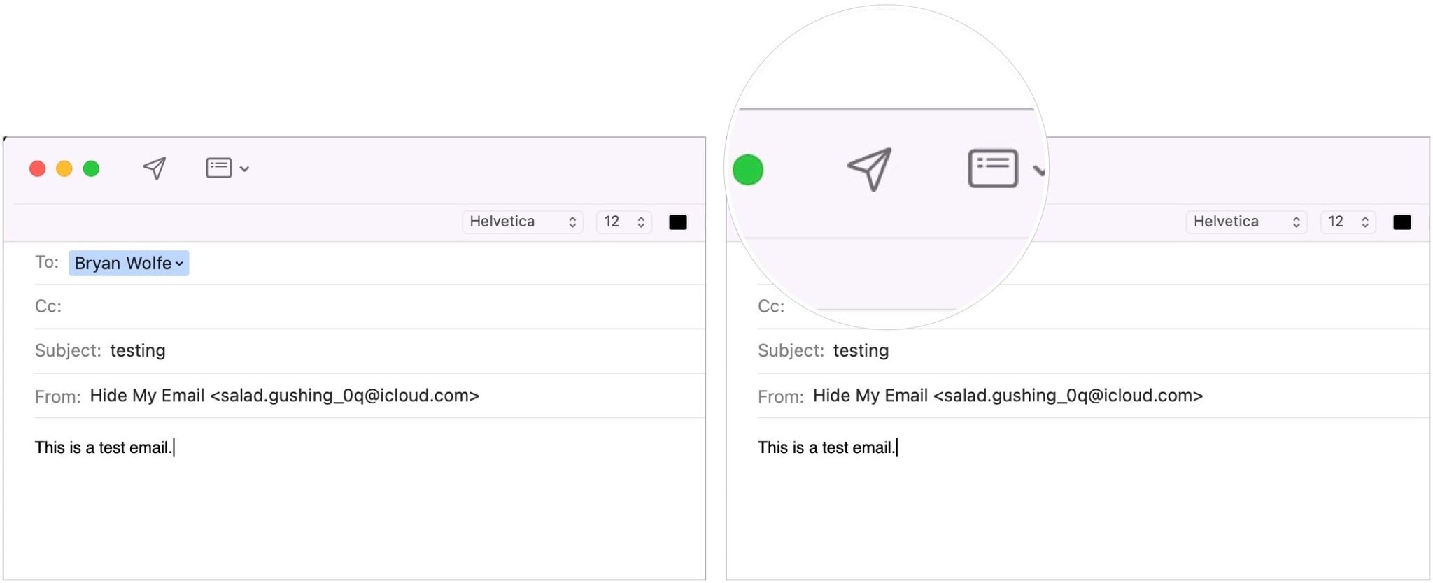 To create a new random email through the Mail application, compose the email as usual, then click the Send button.