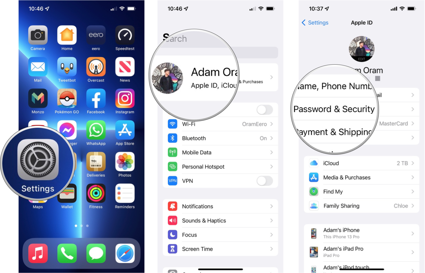 How to add a Legacy Contact on iPhone or iPad: Open Settings, tap your name, tap Password & Security
