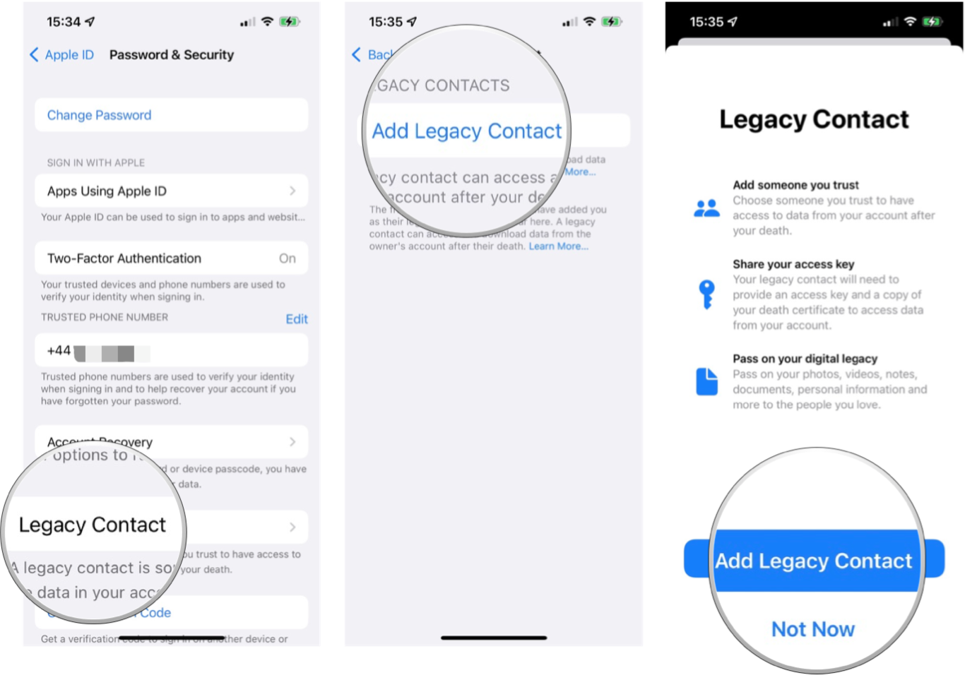 How to add a Legacy Contact on iPhone or iPad: Tap Legacy Contact, tap Add Legacy Contact, and confirm by tapping Add Legacy Contact once more