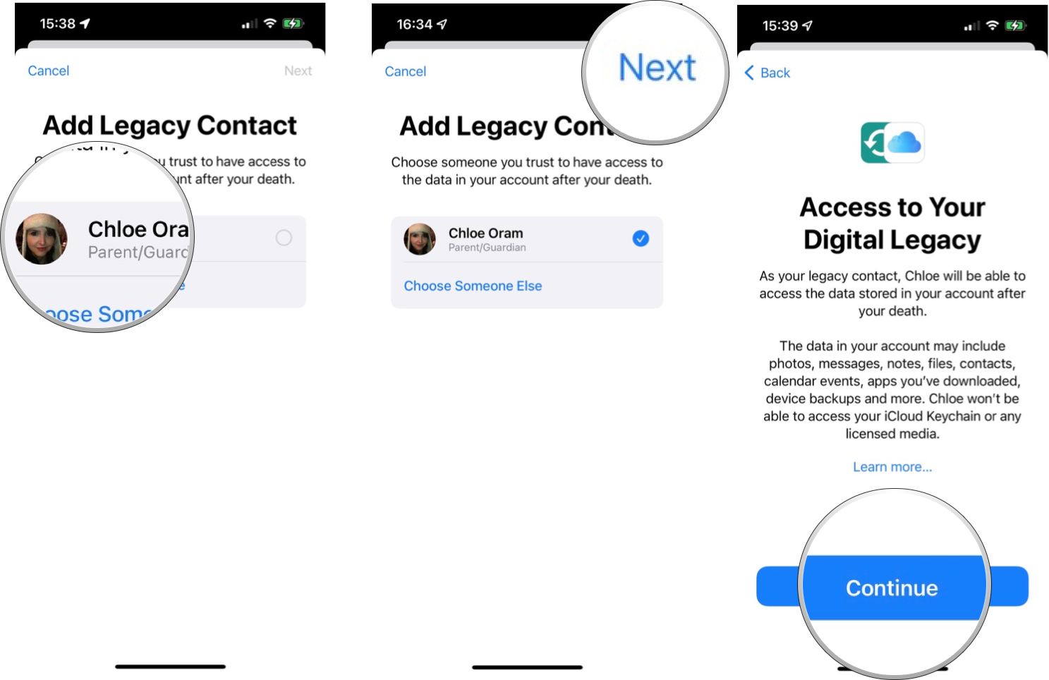 How to add a Legacy Contact on iPhone or iPad: If you have Family Sharing set up, tap the member of your family and tap Next, or tap Add Someone Else to choose from your Contacts, tap Continue