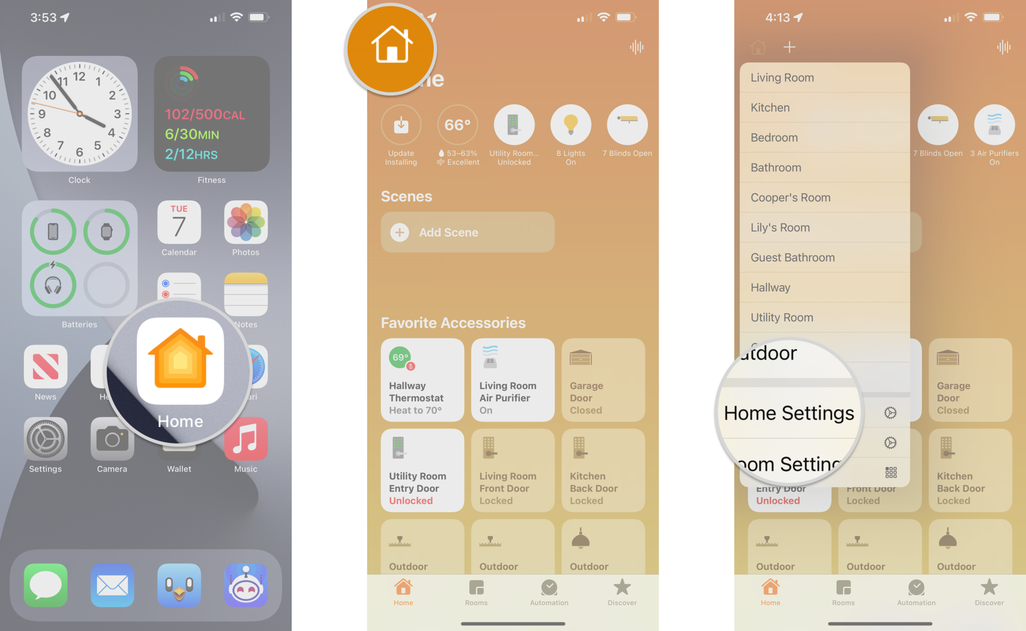 How to manage HomeKit remote access permissions in the Home app on the iPhone by showing steps: Launch the Home app, Tap the Home Button, Tap Home Settings