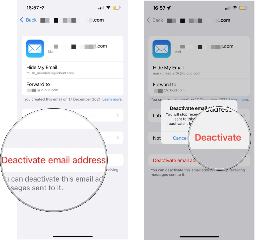 How to disable Hide my email forwarding: tap Disable this email, tap Disable to confirm