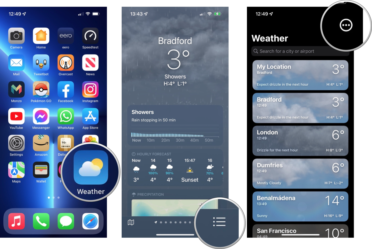 How to turn on precipitation notifications for Weather app: Open Weather, tap on the bulleted list icon, tap on the ellipsis icon