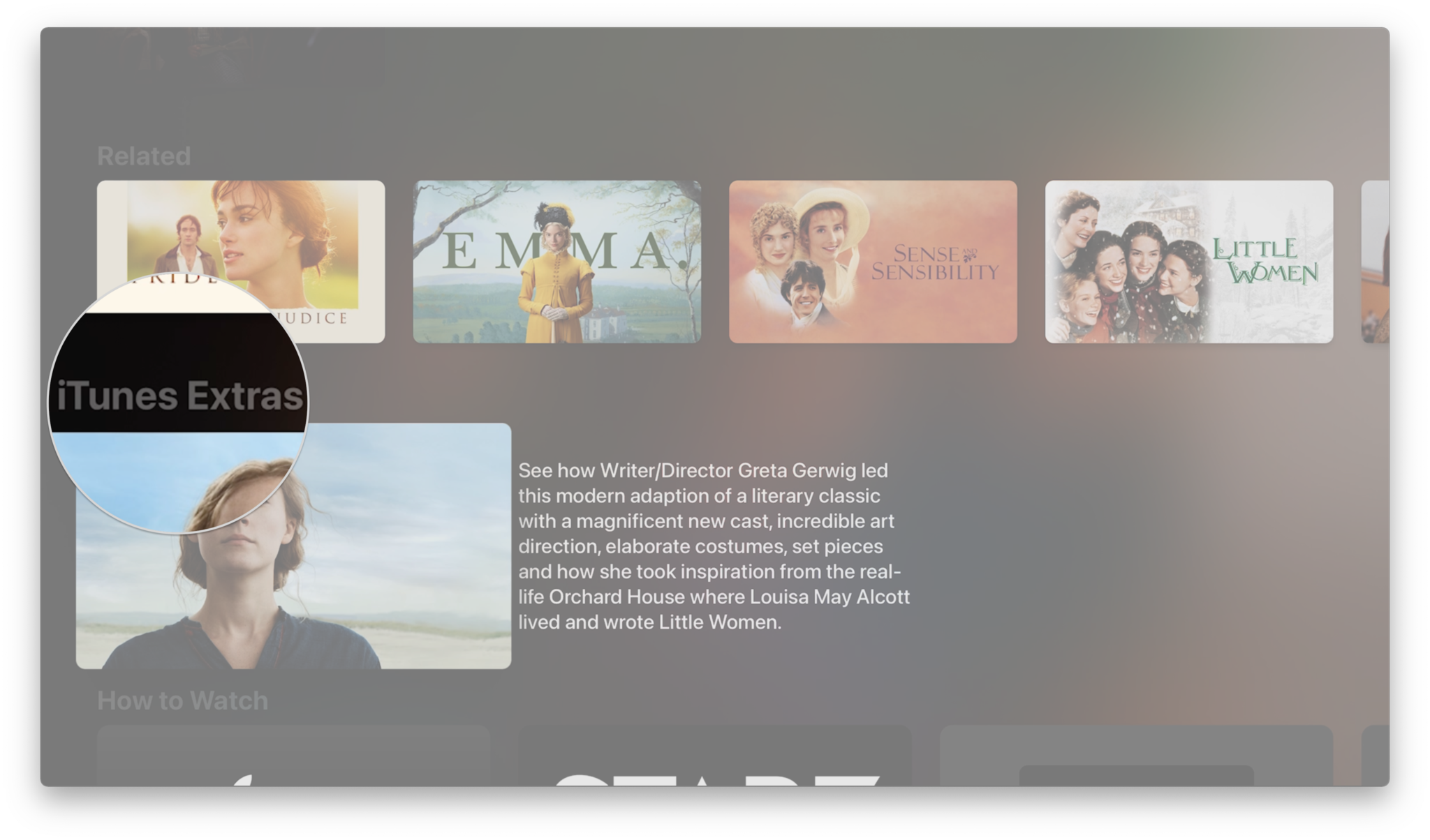 Comment identifier les films avec iTunes Extras sur l'Apple TV en affichant les étapes : Balayez vers le bas et recherchez iTunes Extras