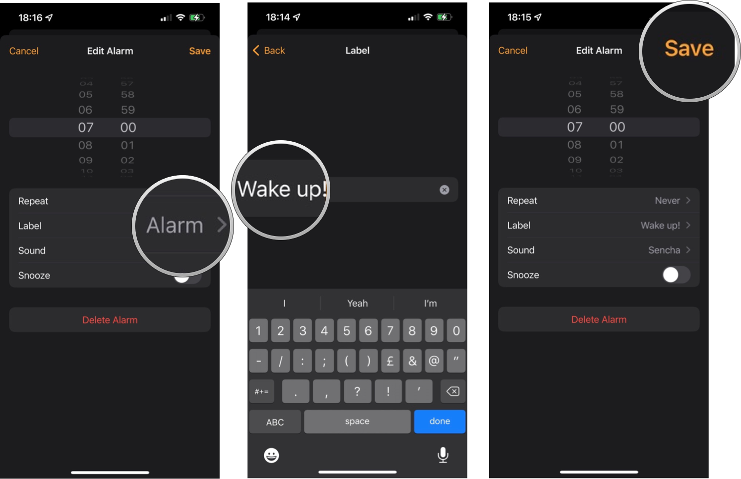 How to label an alarm by showing steps: Tap the Label button, use your keyboard to delete the defaul label and type your desired label. Tap the Done button at the button right corner of your keyboard and finally tap on Save