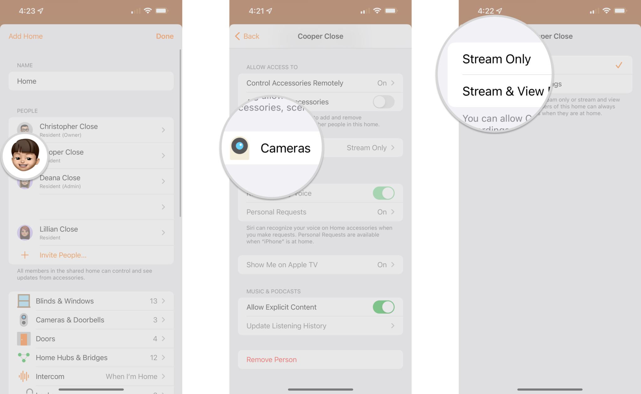 How to manage HomeKit camera permissions in the Home app on the iPhone by showing steps: Tap a profile photo, Tap Cameras, Tap Stream Only or Stream and View Recordings