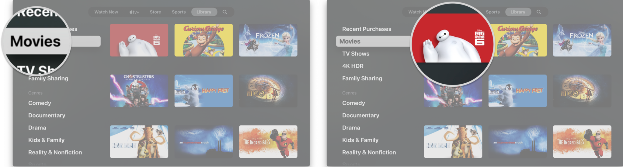 How to play a video from your library in the TV app on the Apple TV by showing steps: Choose a section like Recent Purchases or Movies, Click the title that you want to play