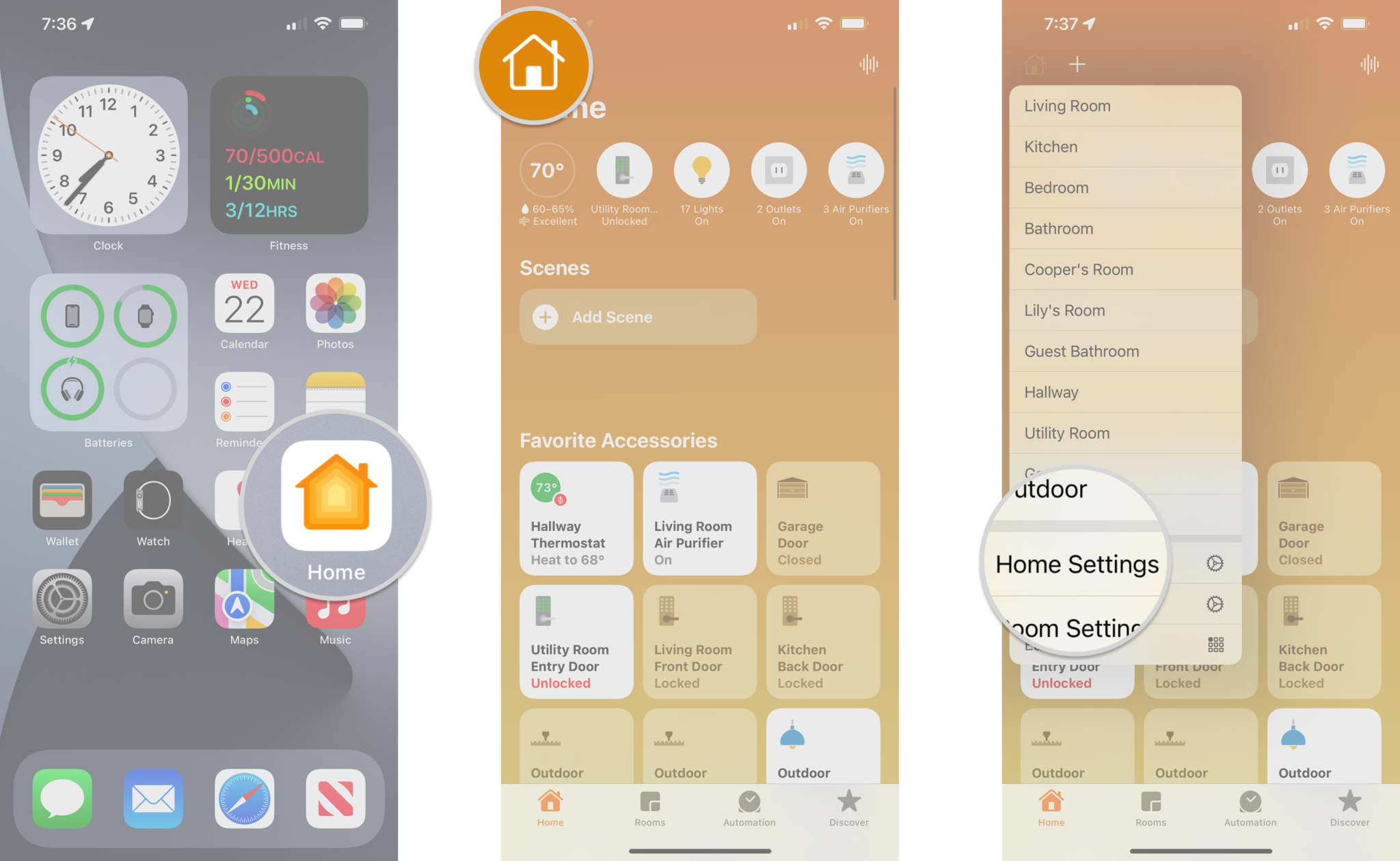 Comment supprimer un routeur HomeKit dans l'application Home en affichant les étapes sur un iPhone : lancez l'application Home, appuyez sur l'icône Home, appuyez sur Home Settings