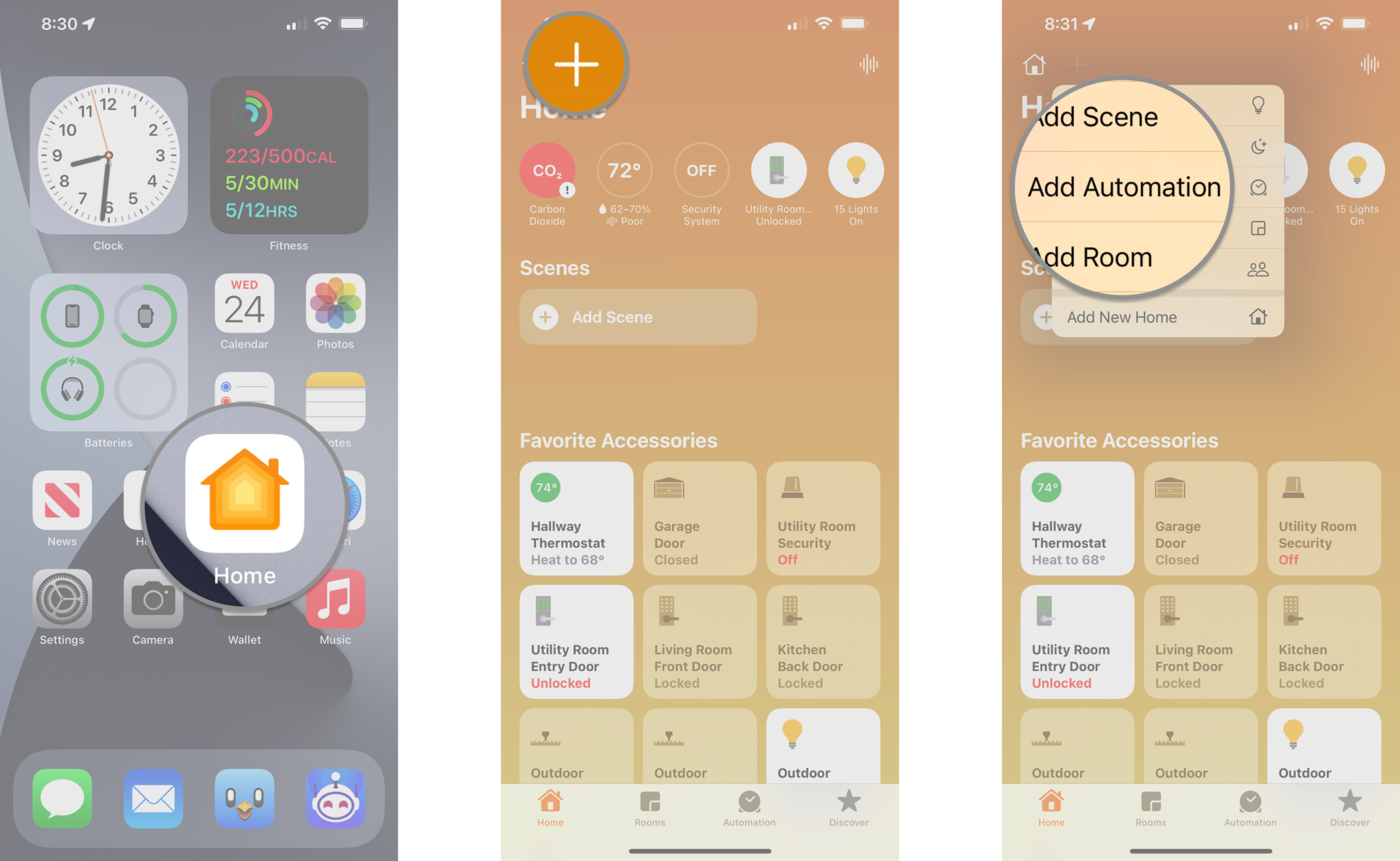 Comment utiliser HomePod comme alarme HomeKit dans l'application Home sur l'iPhone en affichant les étapes : lancez l'application Home, appuyez sur l'icône plus, appuyez sur Ajouter une automatisation