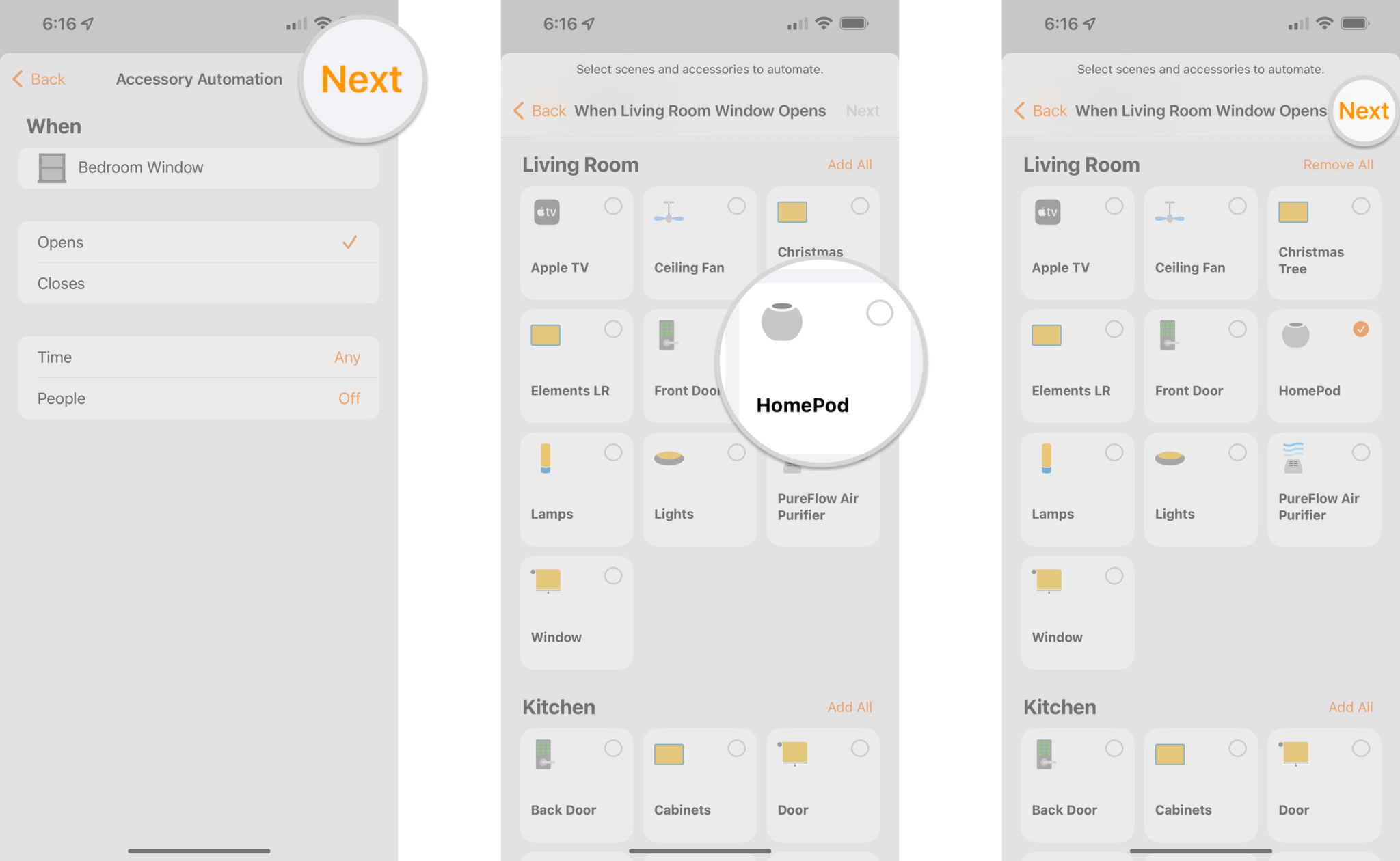 How to use HomePod as a HomeKit alarm in the iPhone by showing steps: Tap Next, Tap your HomePod, Tap Next