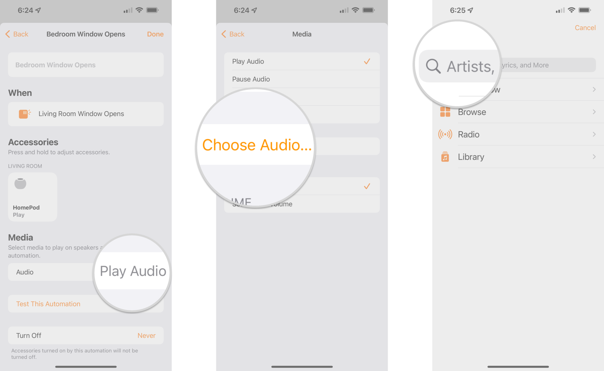 Comment utiliser HomePod comme alarme HomeKit dans l'iPhone en affichant les étapes : appuyez sur Lire l'audio, appuyez sur Choisir l'audio…, appuyez sur le champ de recherche ou accédez à une chanson ou un son dans votre bibliothèque musicale