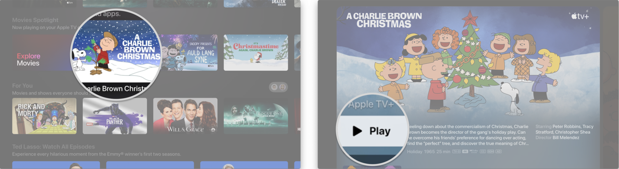 Comment regarder une émission ou un film dans l'application TV sur l'Apple TV en affichant les étapes : Vous pouvez également sélectionner une émission dans une catégorie en vedette, Cliquez sur Lire ou Premier épisode