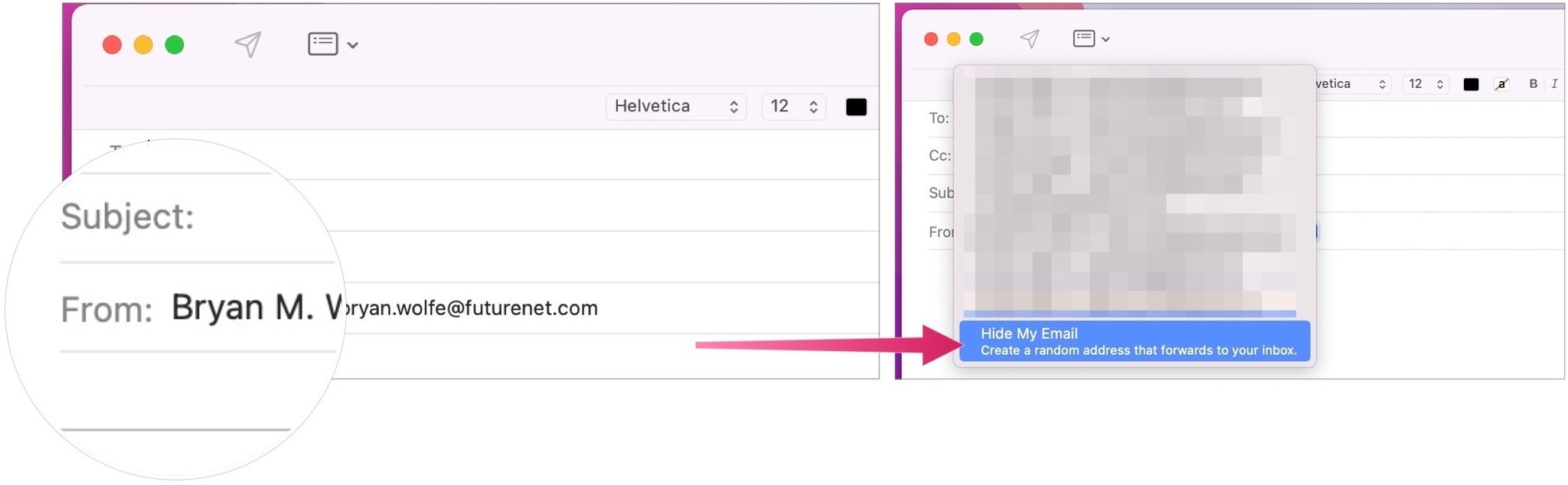 To create a new random email through the Mail application, click From to select an email address to use.  Choose Hide My Email from the drop-down menu.