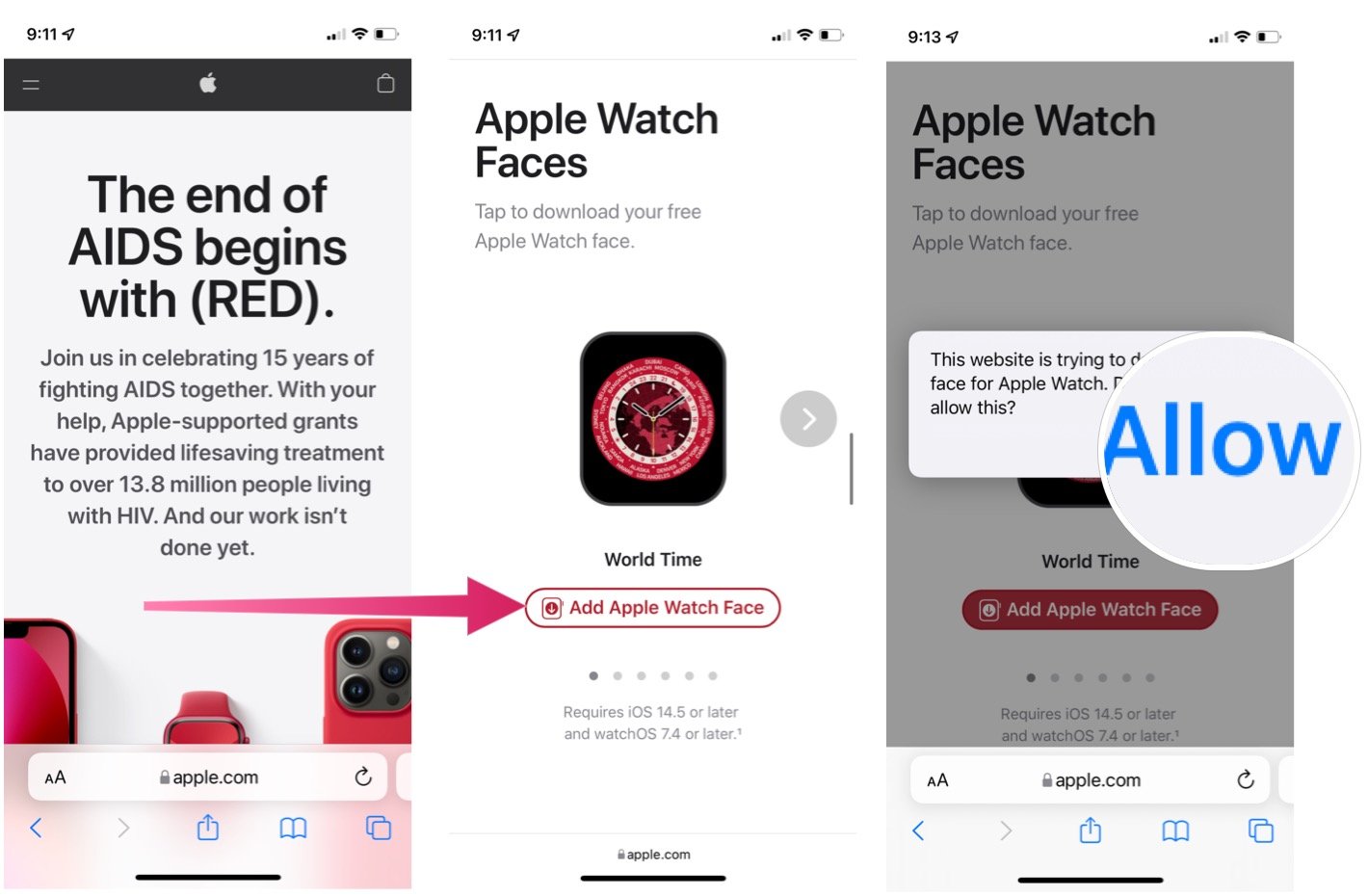 To add a special (PRODUCT)RED Apple Watch face, go to the special webpage from your iPhone. Scroll down to the Apple Watch Faces section. Tap Add Apple Watch Face for the face you wish to download and install. Choose Allow on the pop-up menu to confirm your selection.