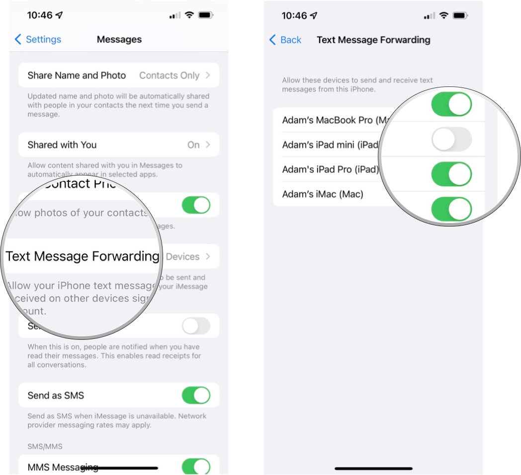 How to get SMS messages on iPad and Mac: Tap on Text Message Forwarding, toggle the switches to the on position for each device you want to get text messages on