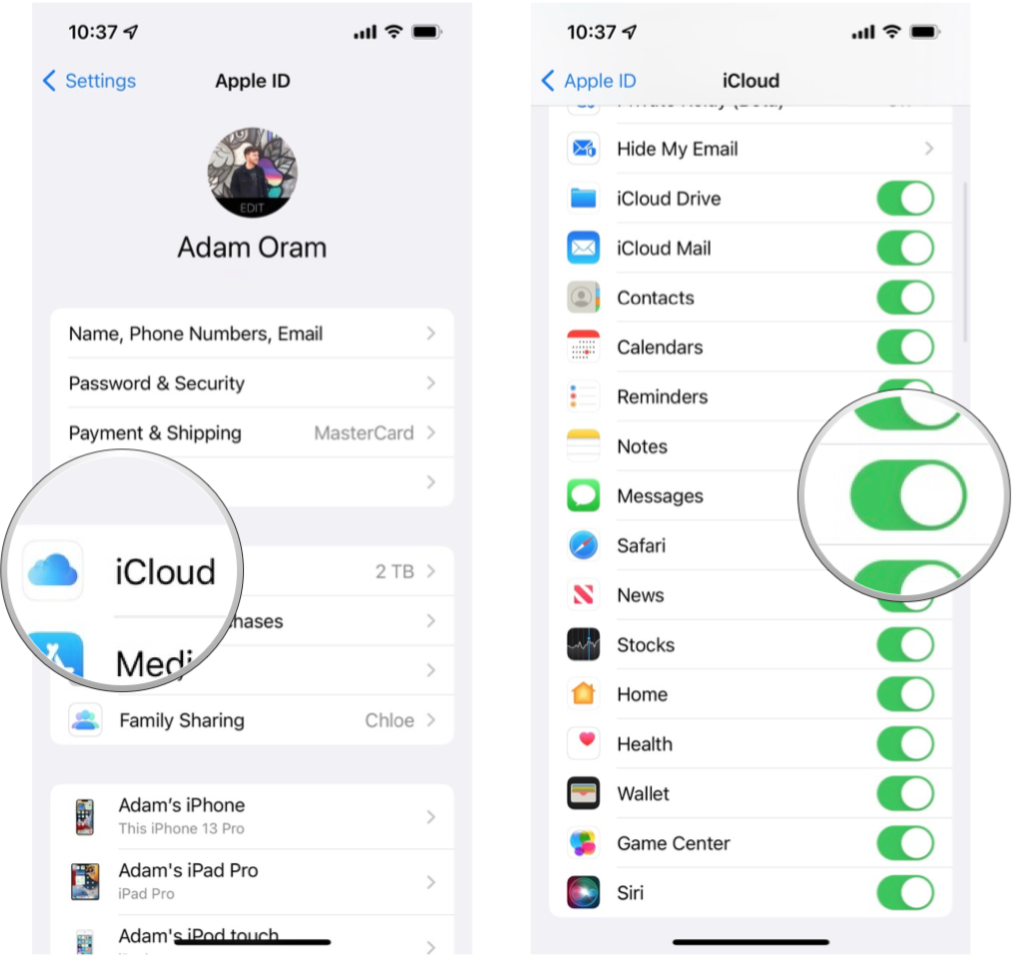 How to Enable Messages in iCloud on iPhone: Tap iCloud, toggle the switch to the on position beside Messages