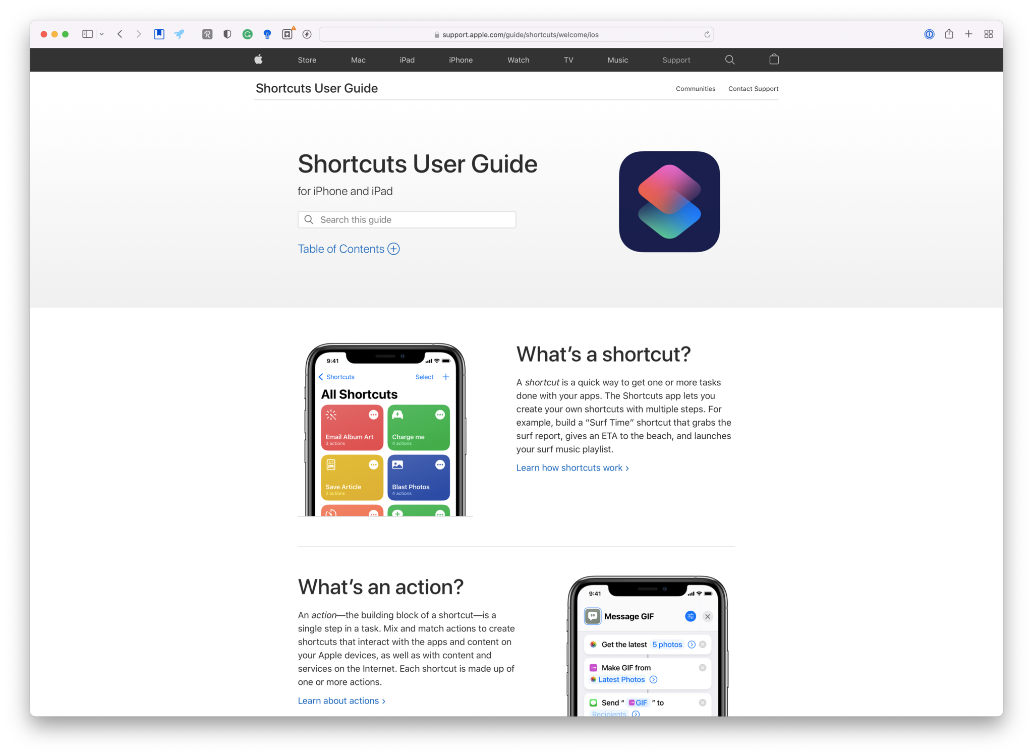 Screenshot of the Shortcuts User Guide open in a Mac browser window.