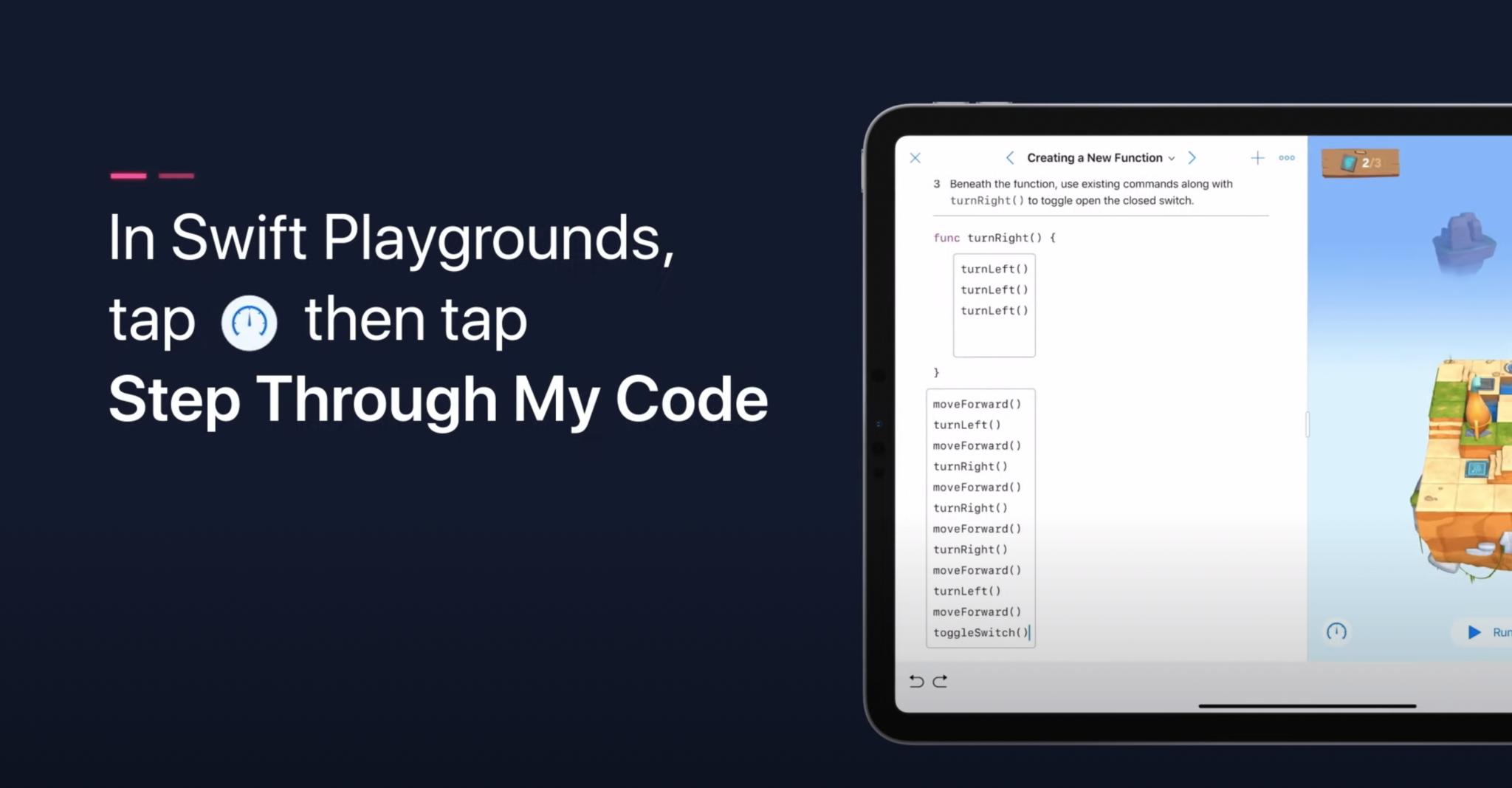 Screenshot from an Apple Support video showing how to activate the "Step Through My Code" option in Swift Playgrounds.