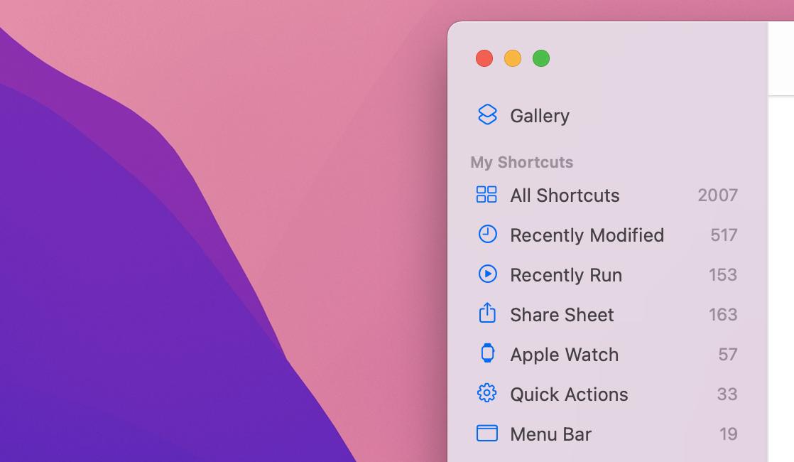 Screenshot showing the sidebar of Shortcuts for Mac with no Automation tab present.