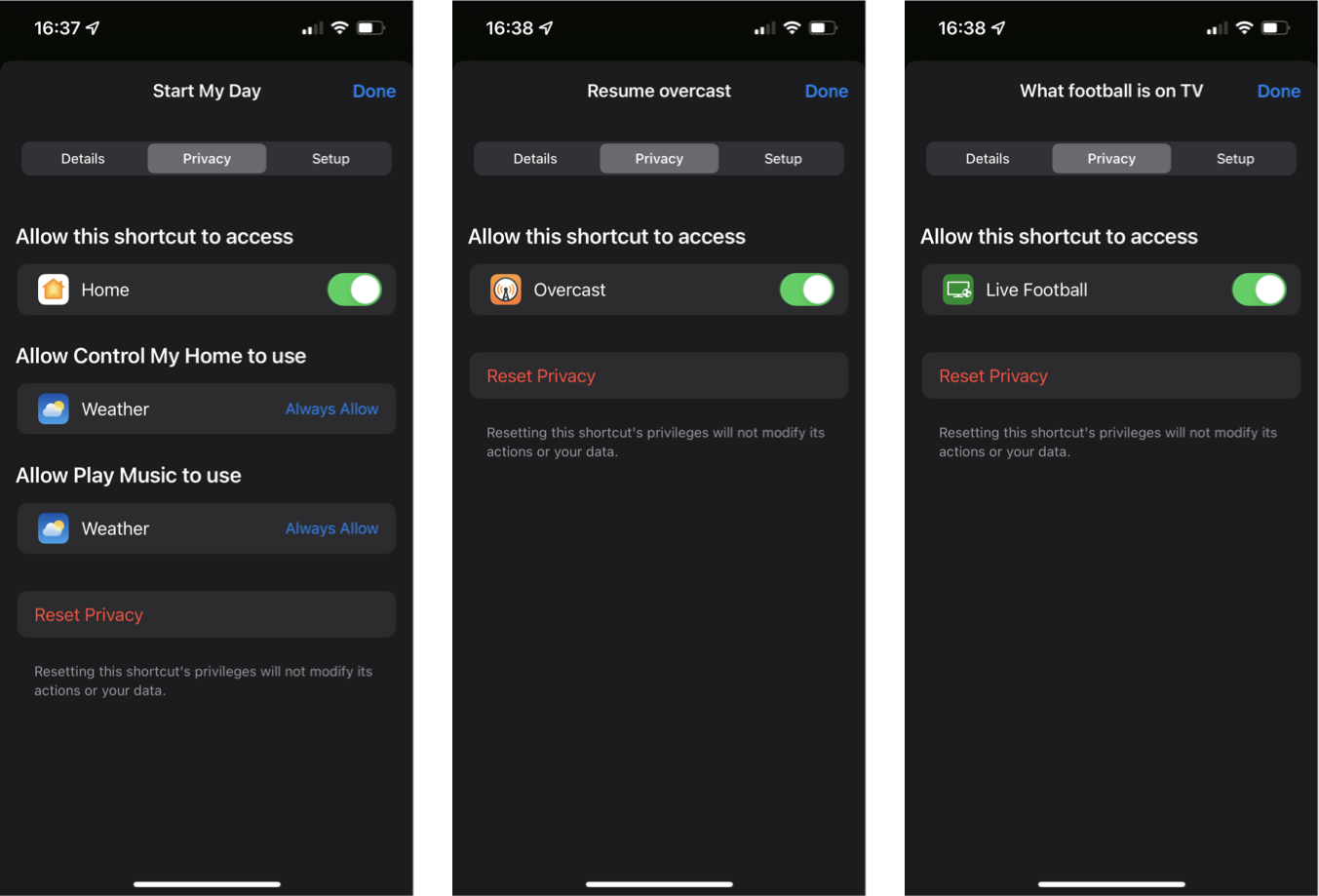 Shortcuts in iOS 15 screenshots showing new privacy pages in shortcut settings