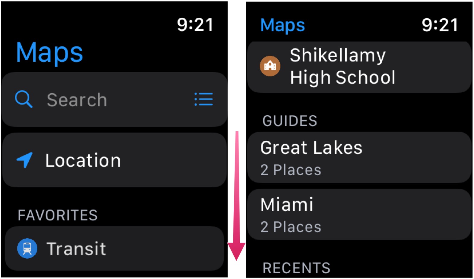 Pour ouvrir l'application Maps sur Apple Watch, appuyez sur votre sélection parmi Recherche, Favoris, Guides et Récents après avoir tourné la couronne numérique pour faire défiler.