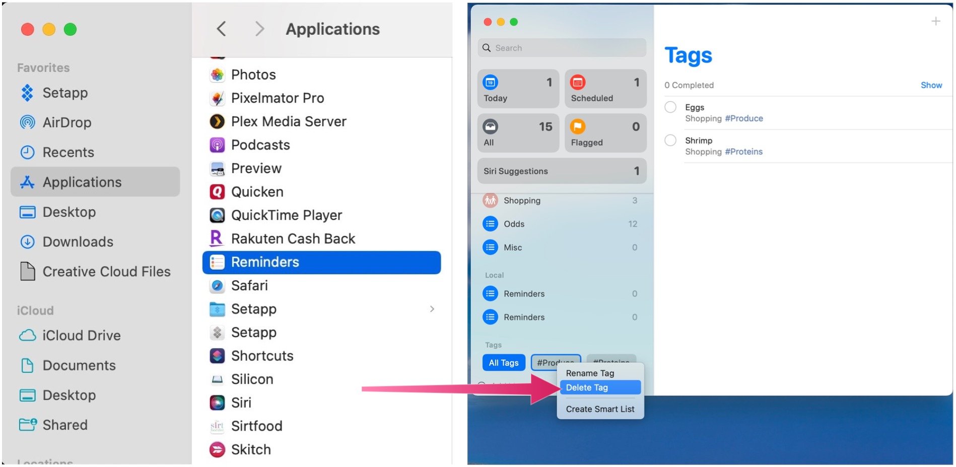 To delete tags, open the Reminders app, then control-click a tag in the Tag Browser on the sidebar. Select Delete Tag.
