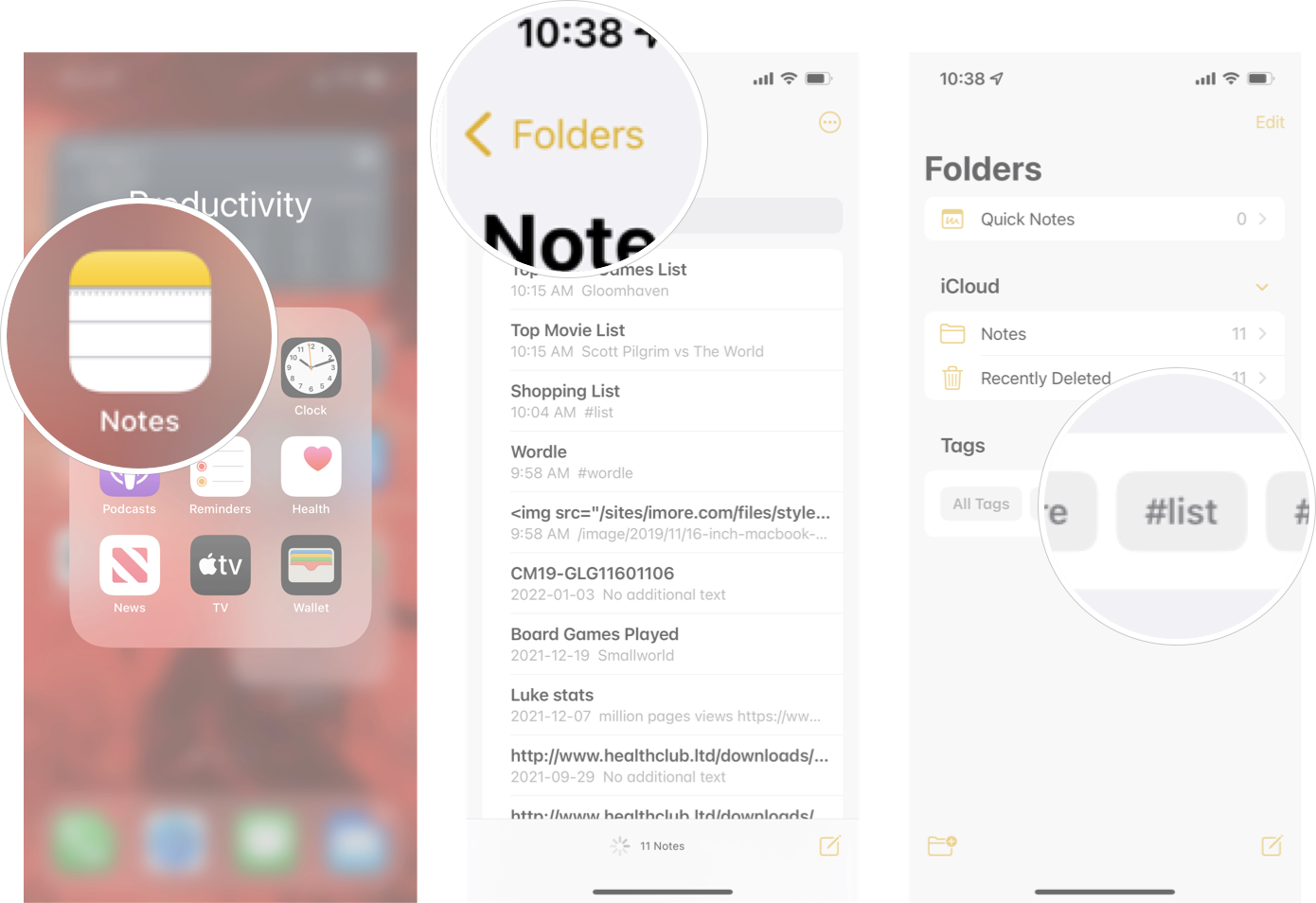 Comment renommer les balises dans les notes dans iOS 15 : lancez Notes, appuyez sur les dossiers, puis appuyez sur la balise souhaitée.
