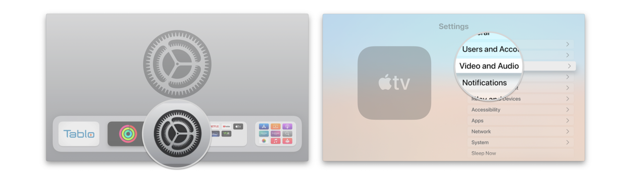 Comment définir votre HomePod comme haut-parleur par défaut sur Apple TV 4K en affichant les étapes : ouvrez Paramètres, cliquez sur Vidéo et audio