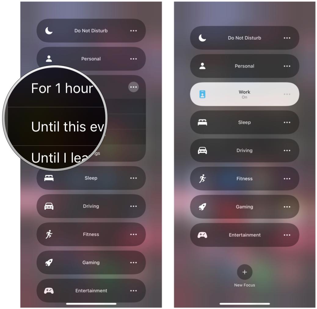 Turn on Focus from Control Center on iPhone by showing: Tap the duration you want for your Focus