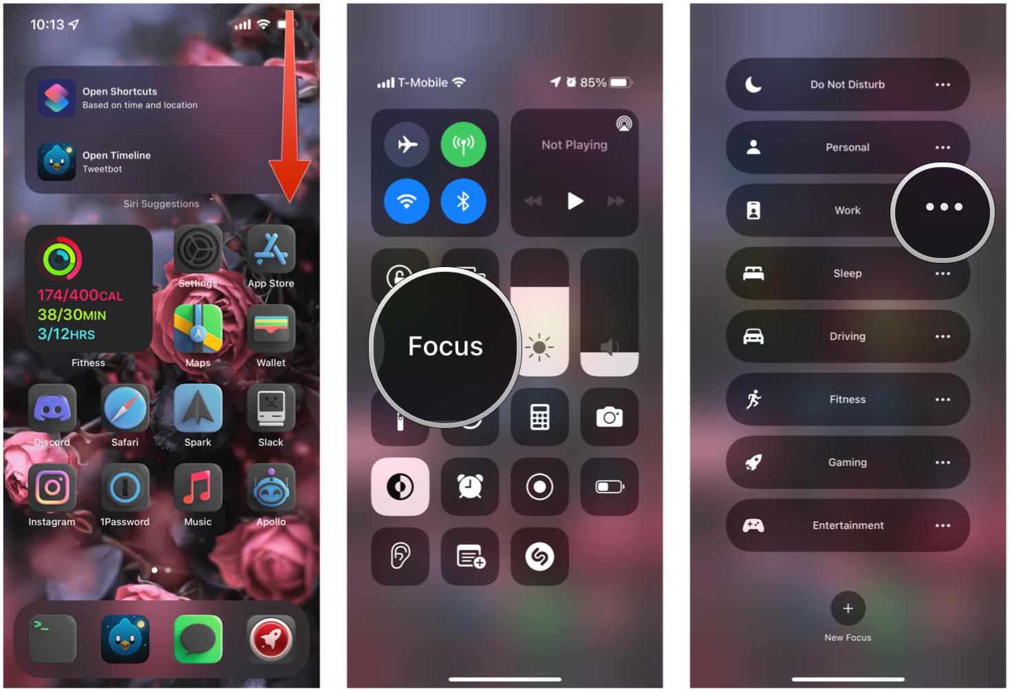 Turn on Focus on iPhone by showing: Bring up Control Center, tap Focus, select your focus or tap the three dots to bring up more options