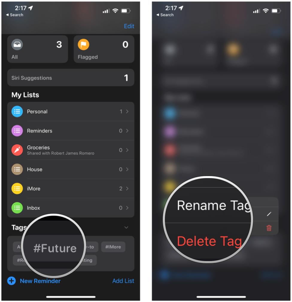 Delete or rename a tag in Reminders on iPhone by showing: Tap and hold on a tag in the browser, then tap Rename or Delete
