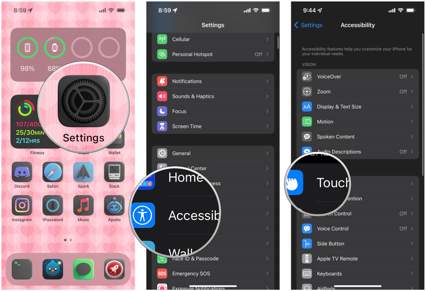 How to use the Back Tap gesture on iPhone by showing: Launch Settings, tap Accessibility, tap Touch