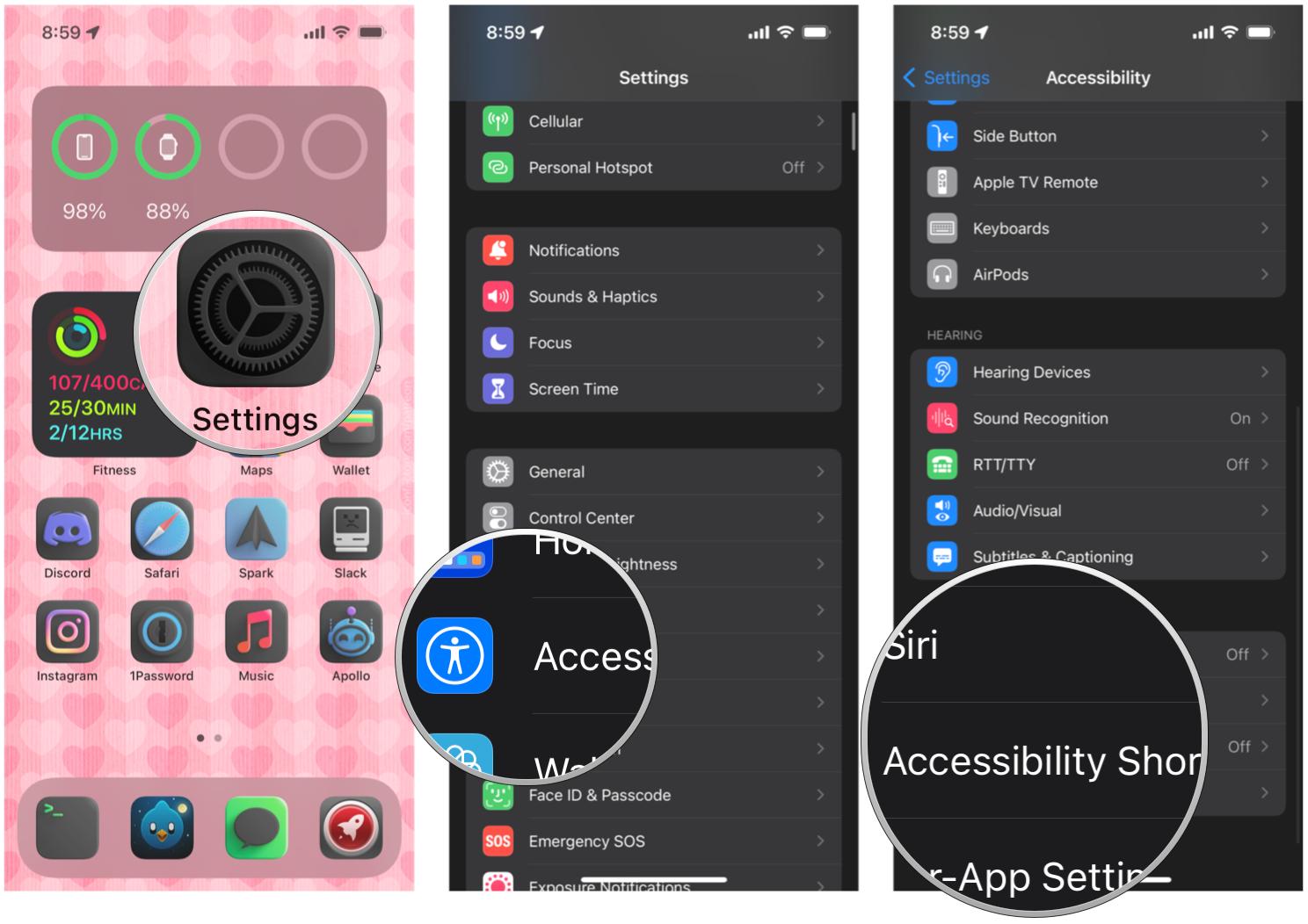 How to enable and use the Accessibility Shortcut on iPhone by showing: Launch Settings, tap Accessibility, tap Accessibility Shortcut at the bottom